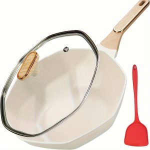 11-Inch Octagonal Granite Non-Stick Wok Pan with Lid for Induction Cooking, Heat-Resistant Handle