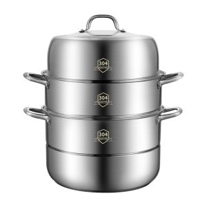 1 set 3-Tier Stainless Steel Steamer Set - Easy Chinese Kitchen Cooking with Non-Stick Pot and Lids