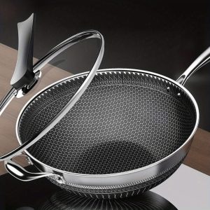 Double-Sided Honeycomb Cooking Frying Pan Non-Stick Pan With Glass Lid Stainless Steel Frying Pan Non-Stick Non-Stick Coating Suitable for Induction Cooker Gas Ceramic and Electric Stove