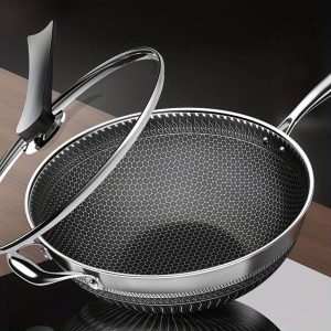 Non Stick Frying Pan Stainless Steel, Double Sided Screen Honeycomb Wok, Frying Pan Skillet Induction Compatible