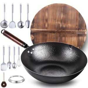 wok-11pcs 11-Piece Carbon Steel Wok Set with Wooden Lid, Flat Bottom Induction Compatible Stir-Fry Pans for Gas, Electric, and Halogen Stoves (12.6 Inch)