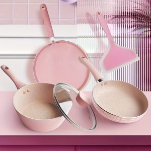 Pink Mini Cookware Set for Beginners - 4pcs Non-Stick Aluminum Kitchen Kit with Flat Frying Pan, Egg Pan, Silicone Spatula & Milk Pot - Perfect for Pancakes & Omelettes