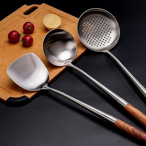 3 Piece Rosewood Stainless Steel Wok Spatula And Spoon, Skimmer Spoon Tool Set, 17 Inch Wok Spatula