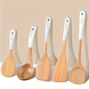 5pcs Beechwood Kitchen Utensil Set with Silvery Handles - Includes Spatula, Soup Ladle, Frying Shovel, Slotted Turner & Rice Paddle - Perfect for Thanksgiving Cooking