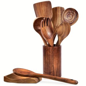 8pcs/set, Wooden Utensil Set, Wooden Spoons For Cooking Set, Wooden Utensils For Cooking, Safety Cooking Utensils Set, Non-Stick Cooking Utensils Set, Wood Spatula Set, Cookware, Kitchen Stuff, Kitchen Gadgets, Kitchen Essentials