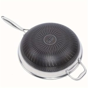 34cm Double-Sided Stainless Steel Honeycomb Frying Pan with Glass Lid Set for Restaurant Use