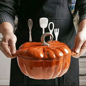 Enamel Cast Iron Braiser - Pumpkin Shaped Casserole Stew Pot - Versatile Enamel Coated Cooking Dish for Home Kitchen