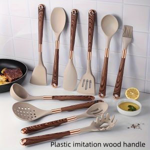 10PCS Silicone Kitchen Utensil Set with Simulated Wood Handles, Non-Stick Heat Resistant Cooking Tools