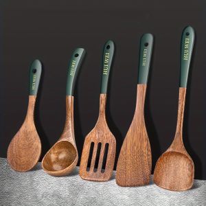 5-Piece Thanksgiving Kitchen Utensil Set, Premium Log Wood Cooking Tools, Non-Stick Heat Resistant Wooden Spatula, Turner, Mixing & Serving Spoon Combo